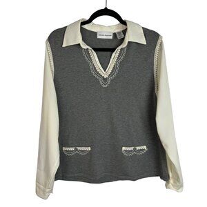 Alfred Dunner SzL Grey Long Sleeve Lace‎ Trim Top Grandmacore Granny Chic Twee